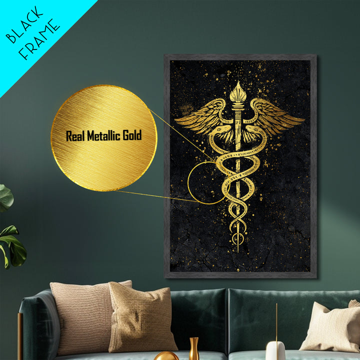 Caduceus Symbol Wall Art, Serpent And Wings Medical Symbol Artwork, Metallic Gold Metal Print, Real Wood Frame Decor