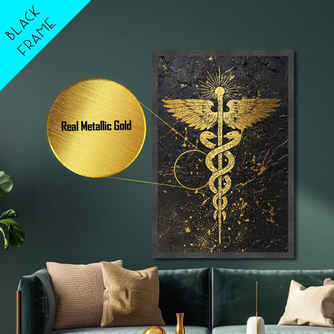 Ancient Caduceus Symbol Art, Golden Serpent And Staff Artwork, Metallic Gold Metal Print, Real Wood Frame Wall Decor