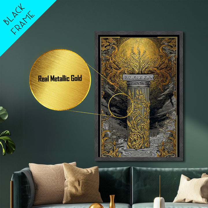 Greek Column Artwork, Mythical Pillar With Golden Flames Wall Art, Metallic Gold Metal Print, Real Wood Frame Decor