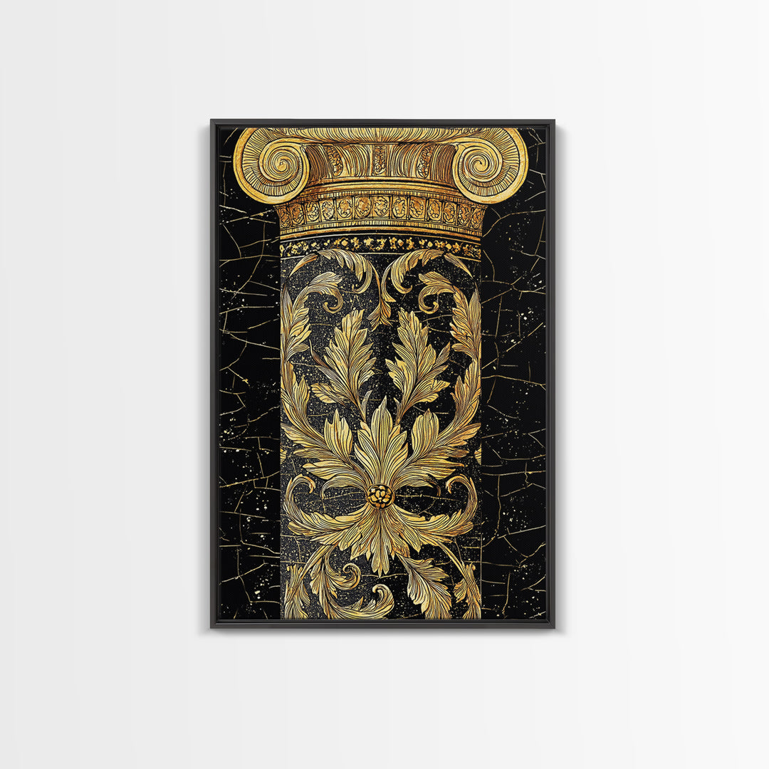 Greek Column Detail Artwork, Ornate Corinthian Pillar Wall Art, Canvas Gold Canvas Print, Real Wood Frame Classic Decor