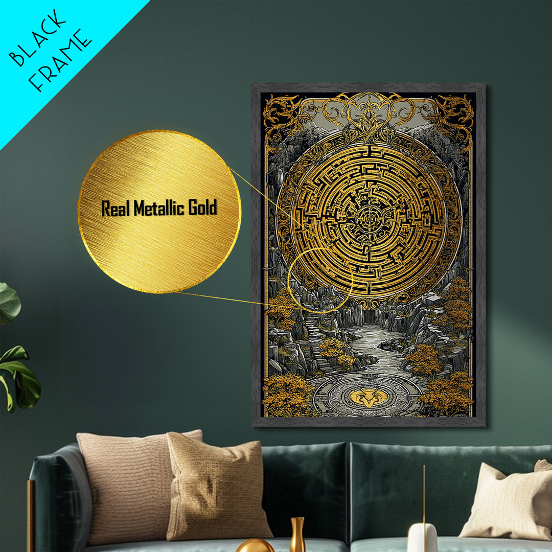 Ancient Maze Artwork, Mystical Labyrinth Symbol Wall Art, Metallic Gold Metal Print, Real Wood Frame, Mythology Inspired Decor