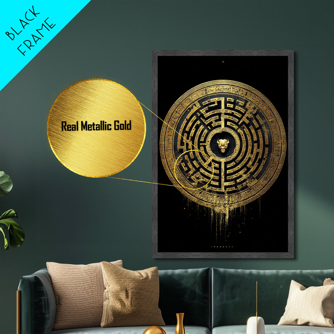 Greek Labyrinth Artwork, Mythical Minotaur Maze Symbol Wall Art, Metallic Gold Metal Print, Real Wood Frame, Esoteric Decor