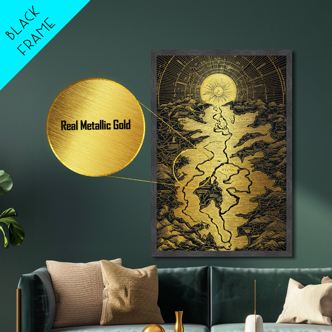 Celestial Map Artwork, Mythical Golden Sun And River Wall Art, Metallic Gold Metal Print, Real Wood Frame, Ancient Inspired Decor