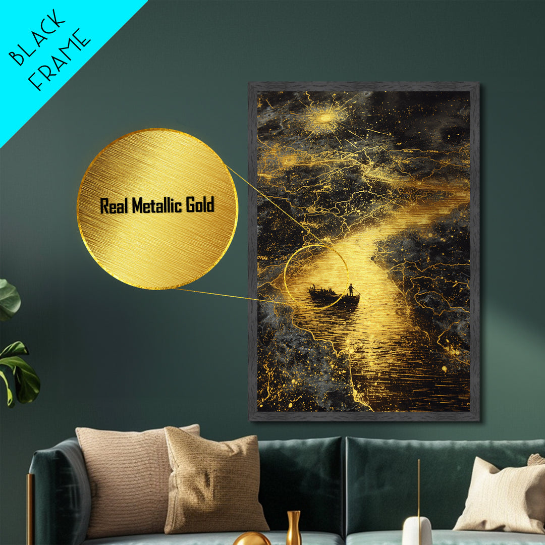 Mythical Boat Journey Artwork, Celestial Golden Map Wall Art, Metallic Gold Metal Print, Real Wood Frame, Mystical Decor