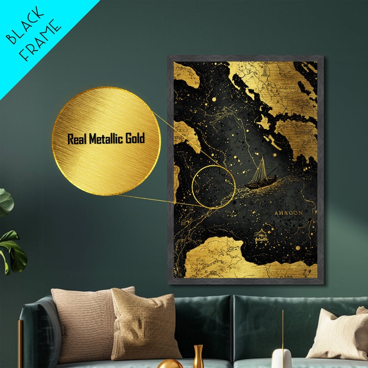 Golden Voyage Map Artwork, Ancient Nautical Journey Wall Art, Metallic Gold Metal Print, Real Wood Frame, Mythical Decor