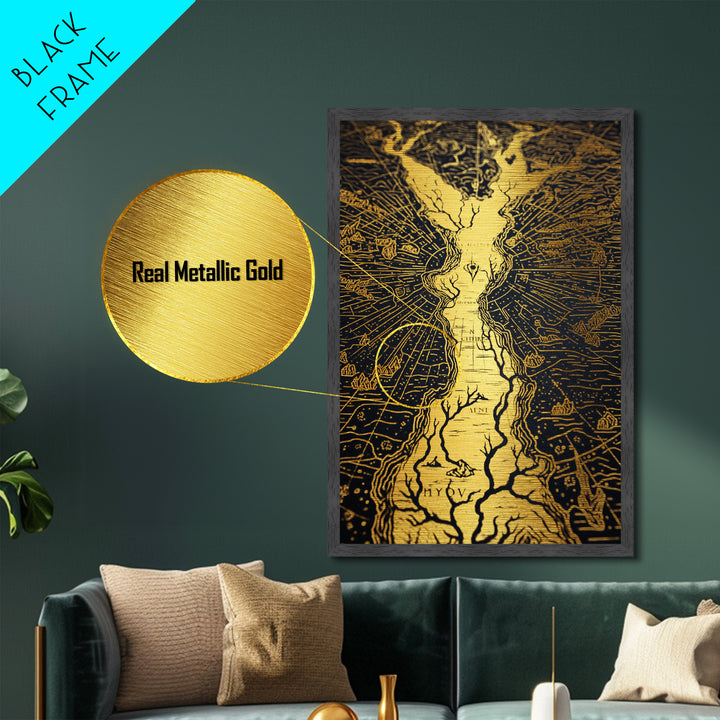 Ancient River Map Artwork, Mythical Golden Waterways Wall Art, Metallic Gold Metal Print, Real Wood Frame, Esoteric Decor