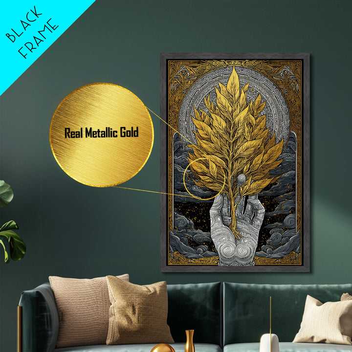 Hand With Golden Leaves Artwork, Mythical Nature Symbol Wall Art, Metallic Gold Metal Print, Real Wood Frame, Sacred Decor