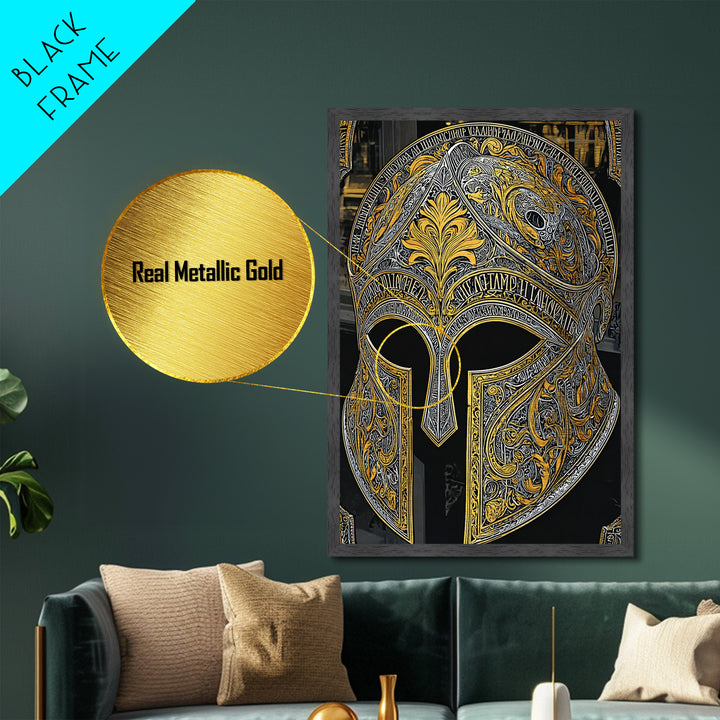 Baroque Spartan Helmet with Heraldic Crest – Metallic Gold Art, Real Wood Framed Metal Art, Luxury Greco-Roman Wall Sculpture