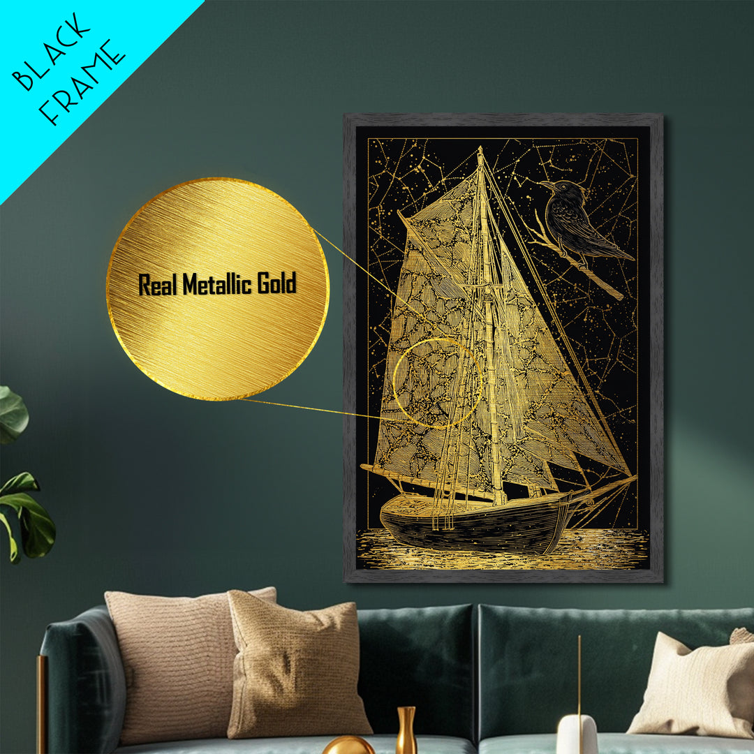 Golden Sailboat Artwork, Mythical Nautical Journey Wall Art, Metallic Gold Metal Print, Real Wood Frame, Celestial Decor