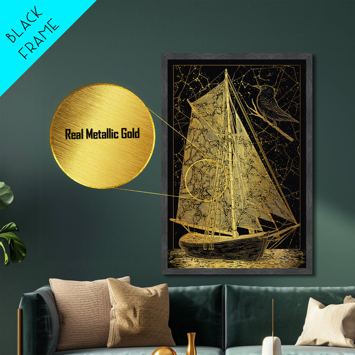 Golden Sailboat Artwork, Mythical Nautical Journey Wall Art, Metallic Gold Metal Print, Real Wood Frame, Celestial Decor