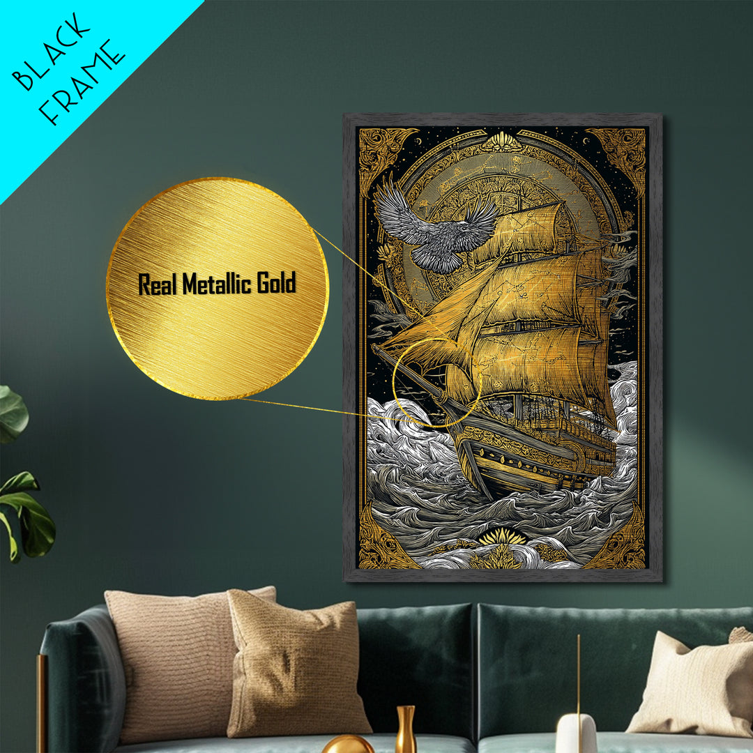 Mythical Sailing Ship Artwork, Celestial Constellation Sea Voyage Wall Art, Metallic Gold Metal Print, Real Wood Frame Decor
