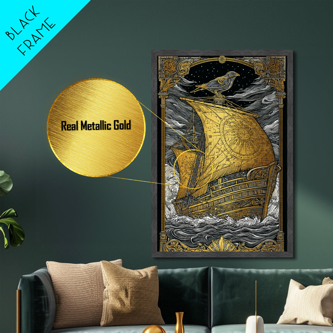 Ancient Ship Artwork, Nautical Journey With Bird Symbol Wall Art, Mythical Celestial Voyage, Metallic Gold Metal Print, Real Wood Frame