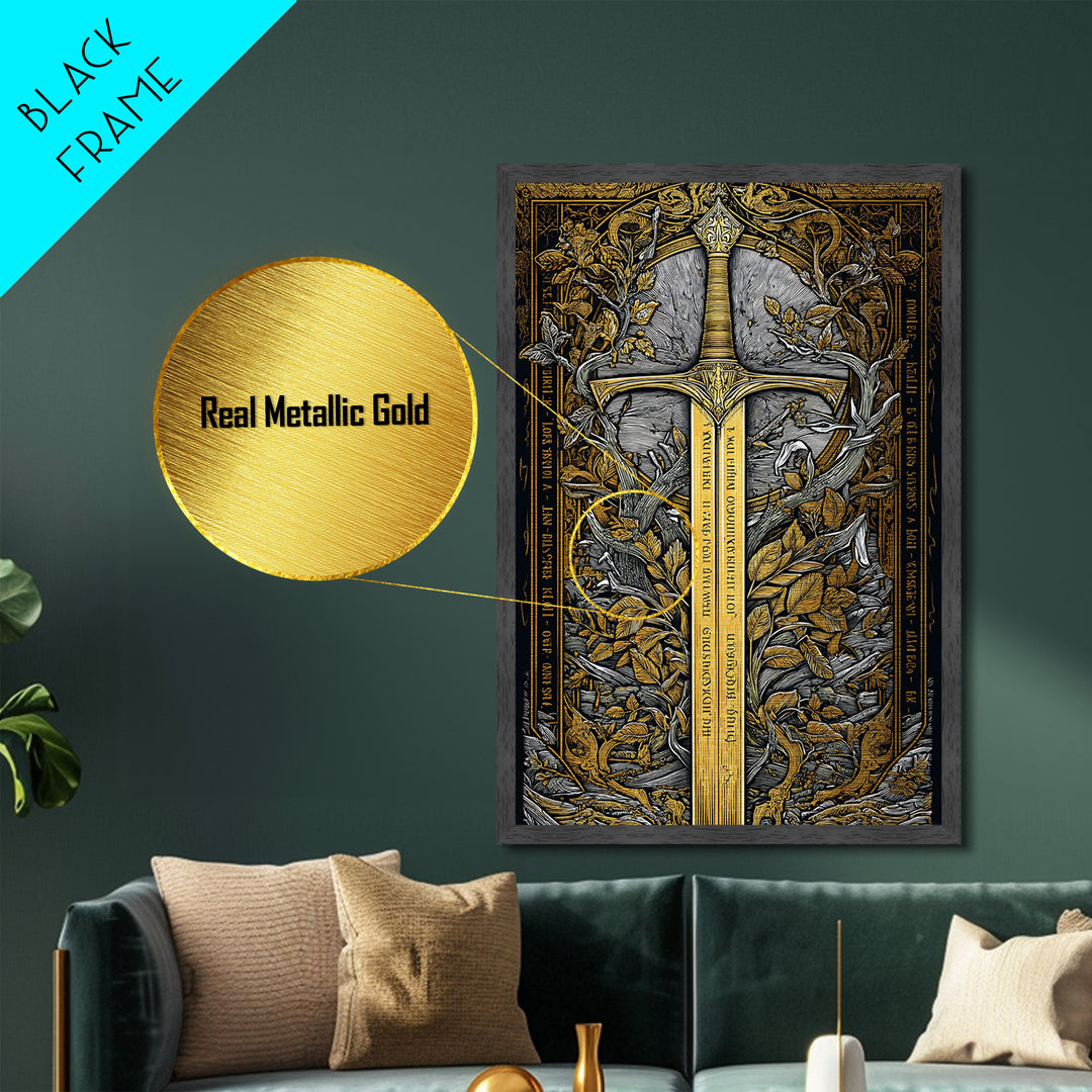 Sword Of Nature Artwork, Mythical Blade Surrounded By Leaves Wall Art, Ancient Weapon Design, Metallic Gold Metal Print, Real Wood Frame