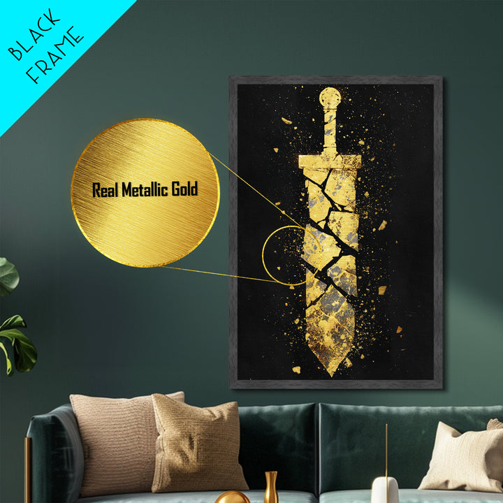 Shattered Sword Artwork, Exploding Blade Symbol Wall Art, Mythical Weapon Design, Ancient Esoteric Decor, Metallic Gold Metal Print, Real Wood Frame