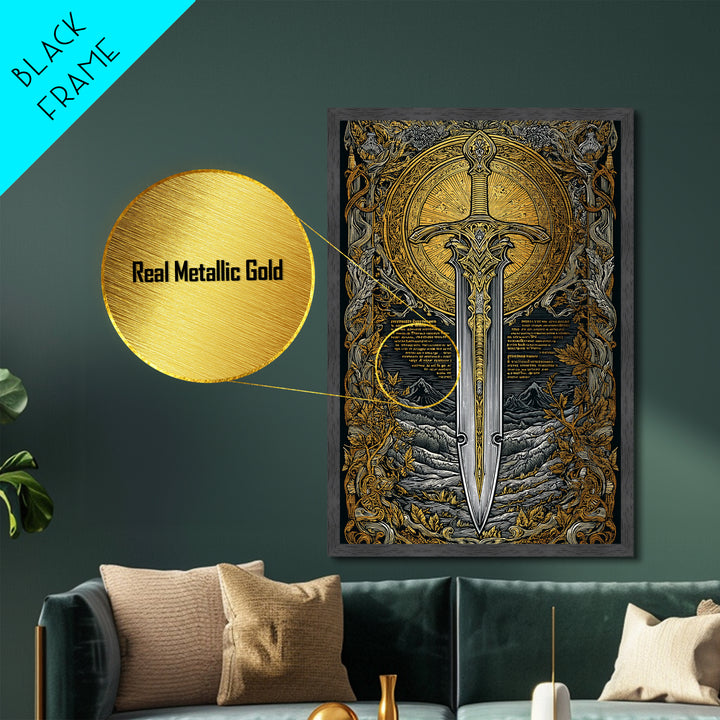 Mythical Sword Artwork, Celestial Blade And Sun Symbol Wall Art, Ornate Weapon Design, Ancient Inspired Decor, Metallic Gold Metal Print, Real Wood Frame