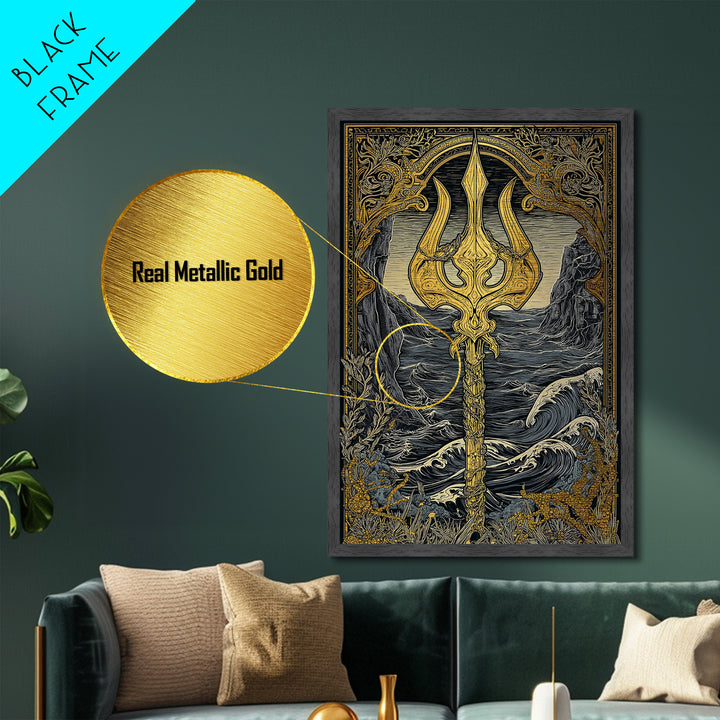 Mythical Trident Artwork, Ocean Waves And Ancient Sea God Symbol Wall Art, Nautical Decor, Metallic Gold Metal Print, Real Wood Frame