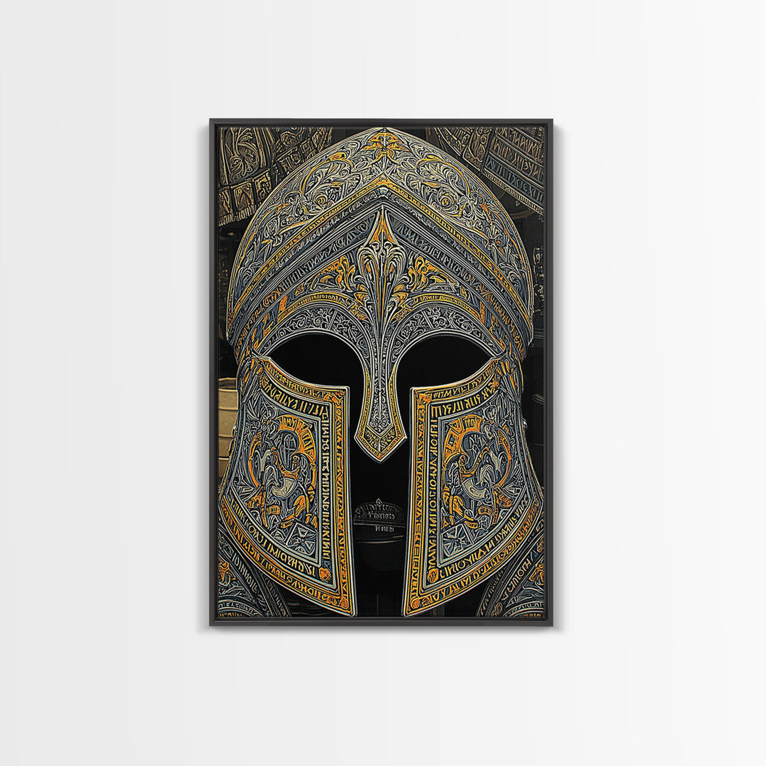 Floral Engraved Ancient Warrior Helmet Design – Canvas Gold Art, Classic Canvas Art in Real Wood Frame, Greek History Wall Decor