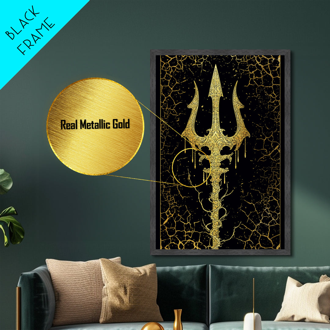 Ornate Trident Artwork, Mystical Sea God Weapon Symbol Wall Art, Ancient Nautical Decor, Mythical Design, Metallic Gold Metal Print, Real Wood Frame