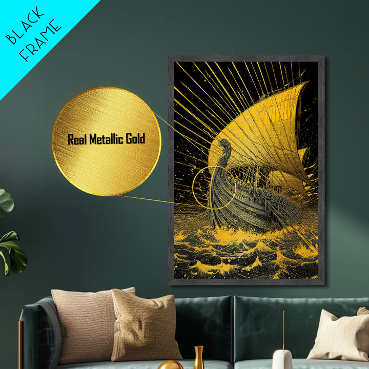Metallic Gold Metal Print, Ancient Greek Ship Wall Art, Mythology Ocean Decor, Real Wood Frame, Historic Maritime Artwork