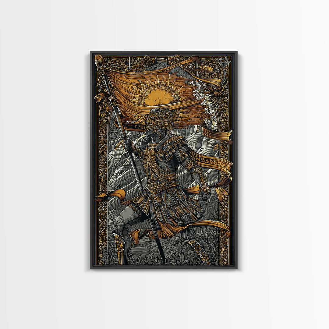Canvas Gold Art, Greek Warrior Holding Banner, Mythology Wall Decor, Real Wood Frame, Ancient Hero Decorative Artwork