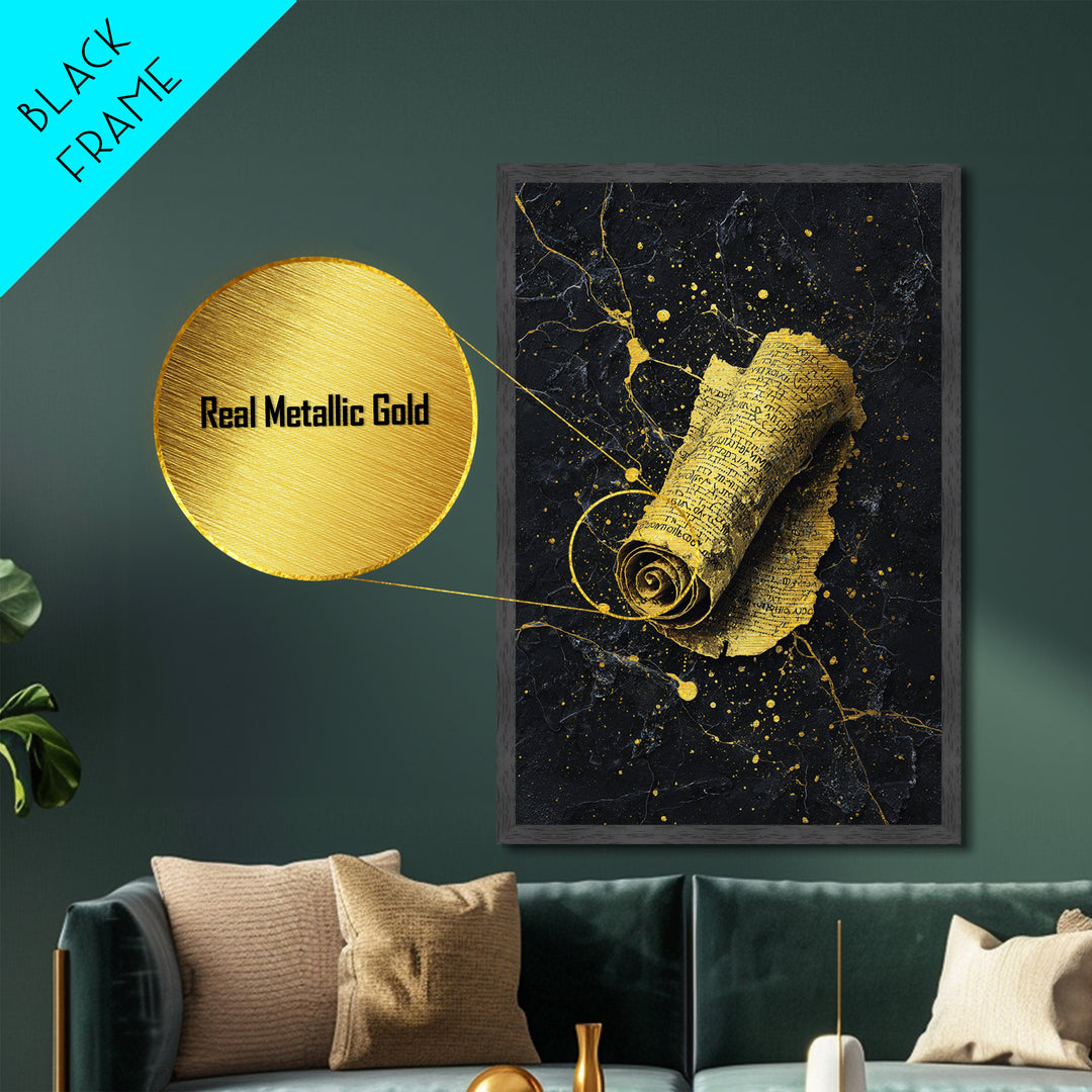 Metallic Gold Metal Print, Ancient Scroll Wall Art, Mythology Inspired Decor, Real Wood Frame, Historic Manuscript Artwork