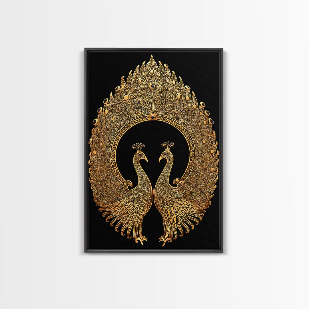 Canvas Gold Canvas Print, Ornate Peacock Wall Art, Mythology Inspired Decor, Real Wood Frame, Decorative Royal Artwork