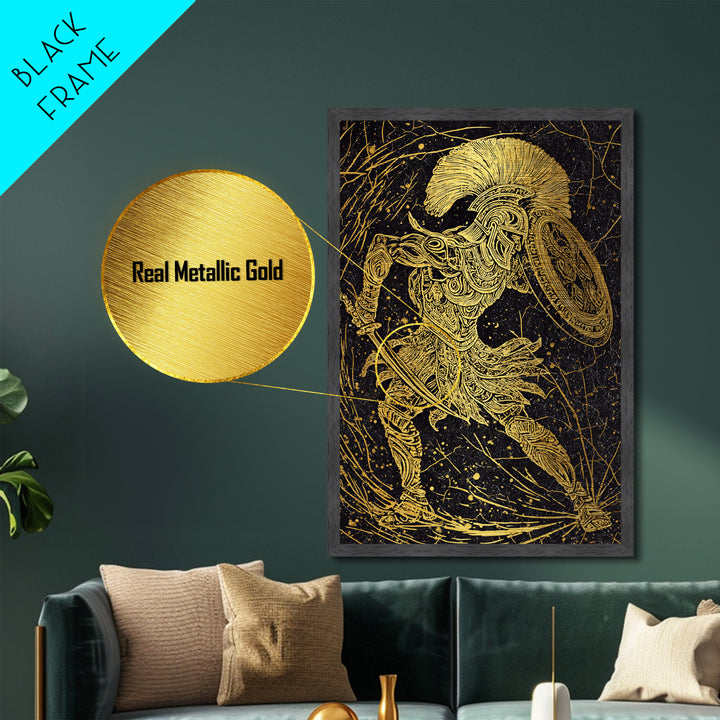 Metallic Gold Art, Ancient Greek Warrior With Shield, Mythology Inspired Wall Decor, Real Wood Frame, Heroic Battle Artwork