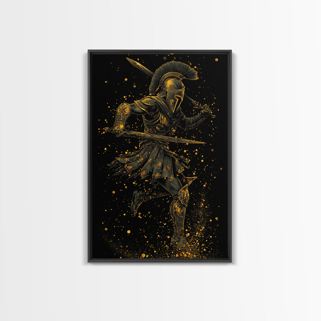 Canvas Gold Canvas Print, Spartan Warrior With Swords, Mythology Hero Decor, Real Wood Frame, Ancient Greek Soldier Artwork