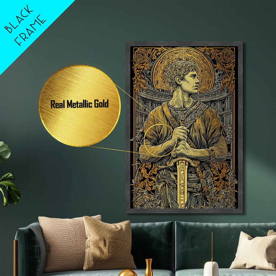 Metallic Gold Art, Roman Warrior Wall Print, Mythology Inspired Decor, Real Wood Frame, Ancient Empire Hero Artwork