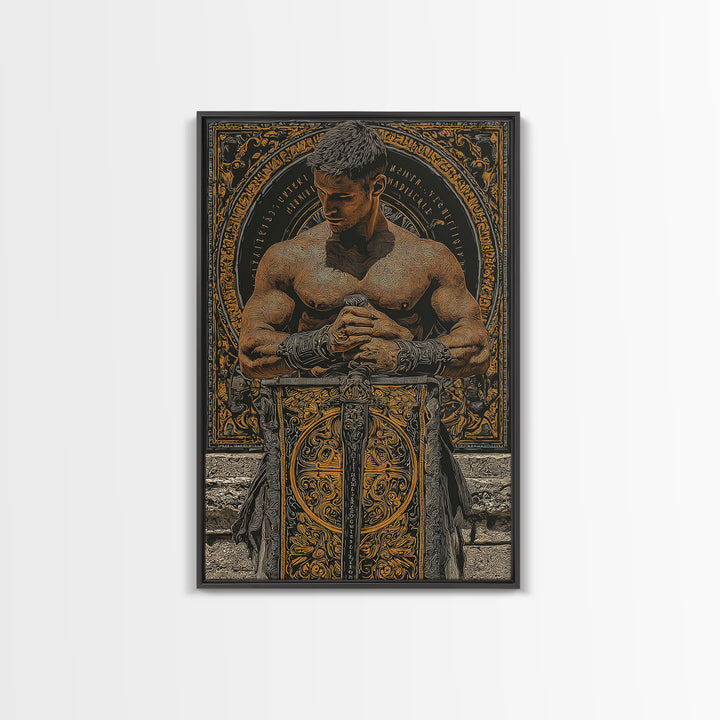 Roman Warrior With Ornate Shield, Canvas Gold Canvas Print, Mythology Wall Art, Gladiator Decor, Real Wood Framed Artwork