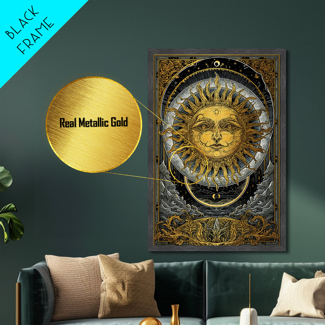 Celestial Sun And Moon Design, Metallic Gold Art, Astrology Wall Print, Mystical Home Decor, Real Wood Frame Mythic Artwork