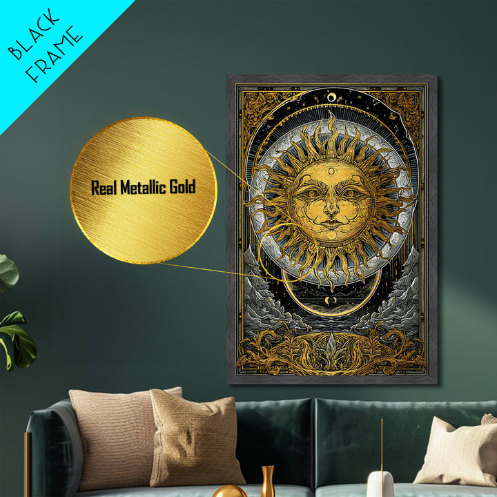 Celestial Sun And Moon Design, Metallic Gold Art, Astrology Wall Print, Mystical Home Decor, Real Wood Frame Mythic Artwork