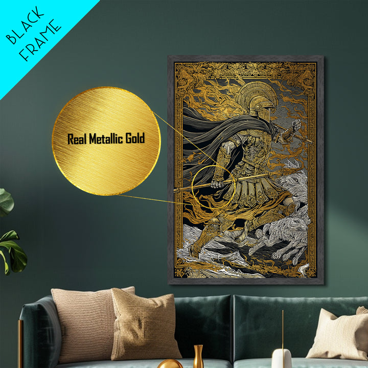 Ancient Warrior With Spear, Metallic Gold Metal Print, Mythology Wall Art, Battle Scene Decor, Real Wood Frame Epic Artwork