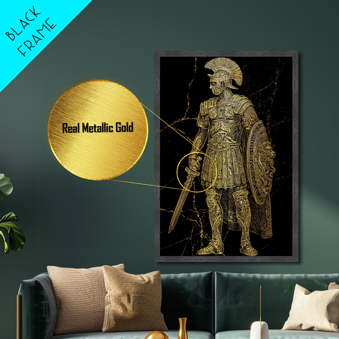 Roman Soldier With Lion Shield, Metallic Gold Metal Print, Gladiator Wall Art, Mythology Decor, Real Wood Frame Artwork