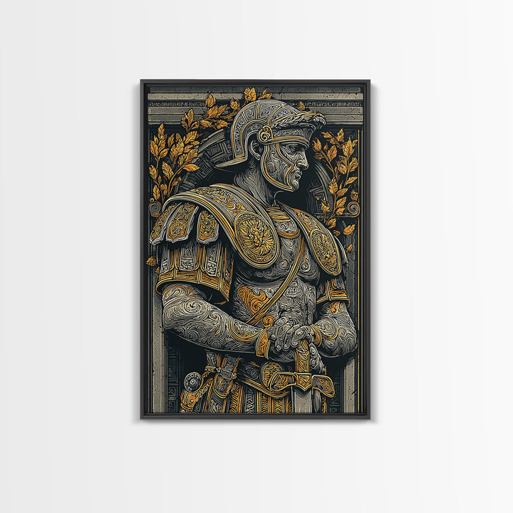 Classic Roman Bust In Armor, Canvas Gold Art, Ancient Warrior Wall Print, Mythology Home Decor, Real Wood Frame Artwork