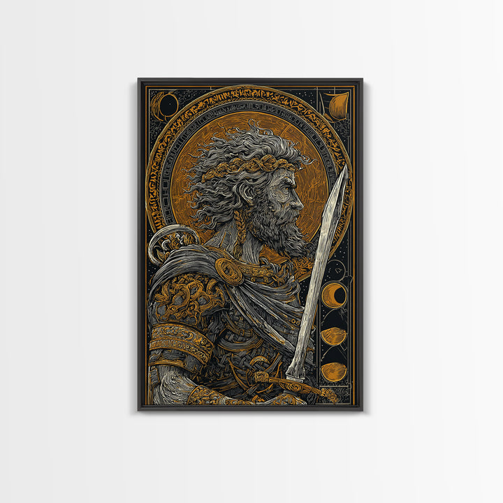 Warrior With Sword And Laurel, Canvas Gold Canvas Print, Greek Myth Wall Art, Heroic Decor, Real Wood Frame Epic Artwork