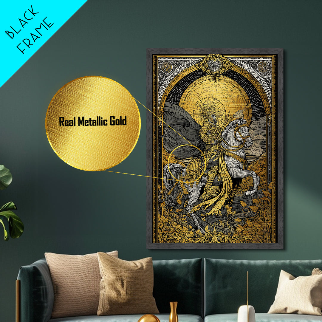 Knight On Horseback With Sun, Metallic Gold Metal Print, Mythology Wall Art, Ancient Decor, Real Wood Frame Battle Artwork