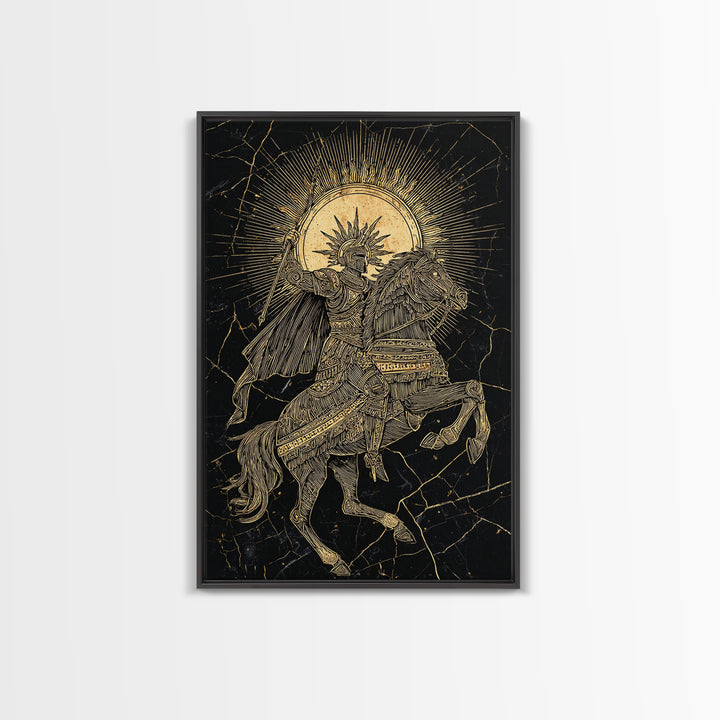 Heroic Warrior On Horseback, Canvas Gold Art, Ancient Soldier Wall Print, Mythology Decor, Real Wood Frame Epic Artwork