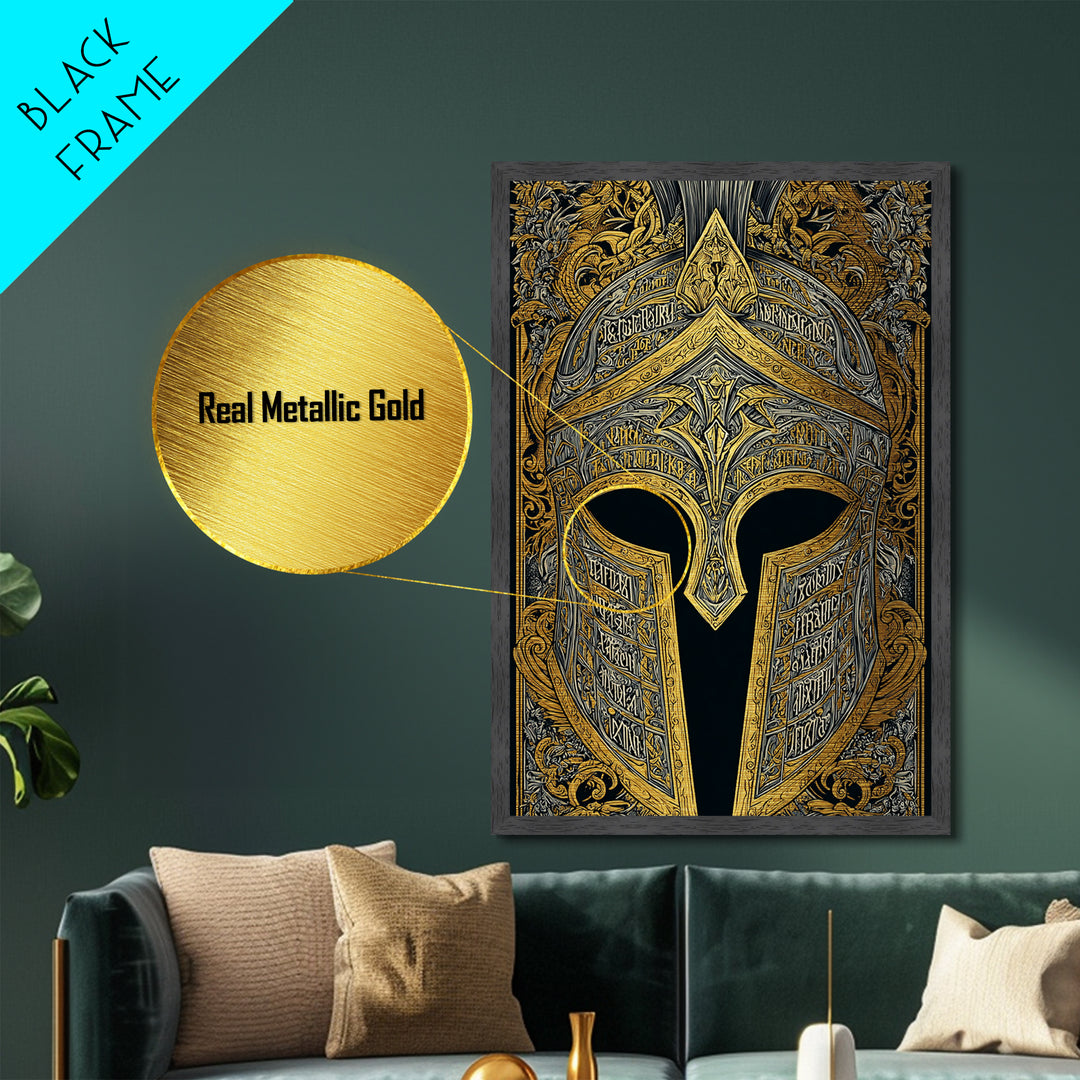 Engraved Bronze Helmet with Greek Script – Metallic Gold Art, Rustic Framed Metal Art, Mythology-Inspired Warrior Wall Accent