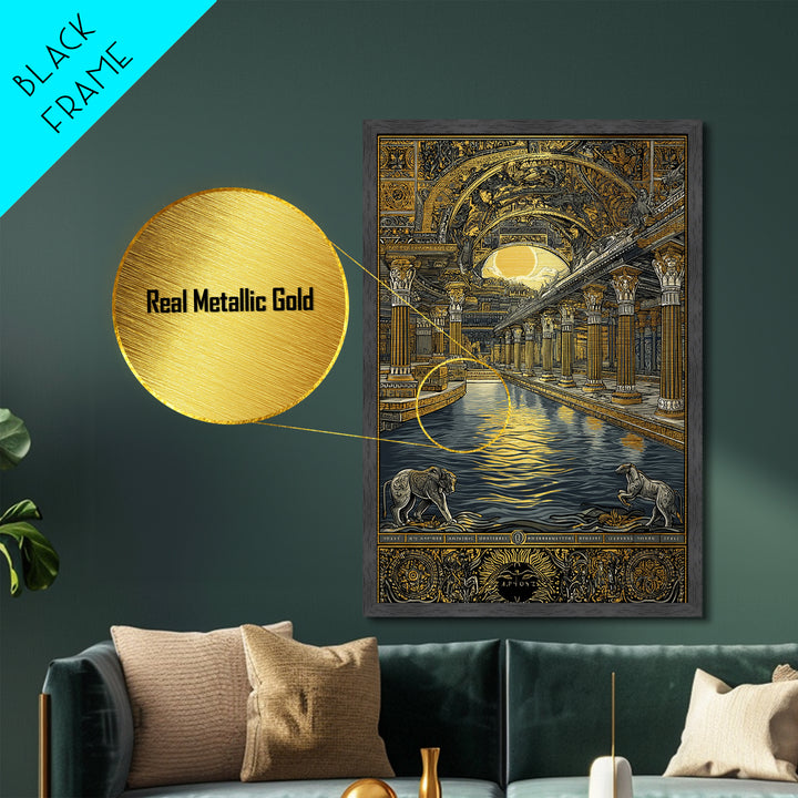 Ancient Temple Columns And Sun, Metallic Gold Metal Print, Mythical Architecture Wall Art, Real Wood Framed Artwork