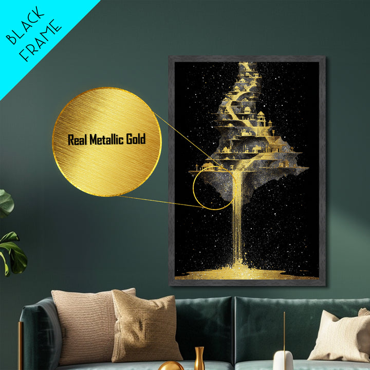 Floating Cosmic City Of Light, Metallic Gold Metal Print, Fantasy Architecture Wall Art, Real Wood Framed Home Decor