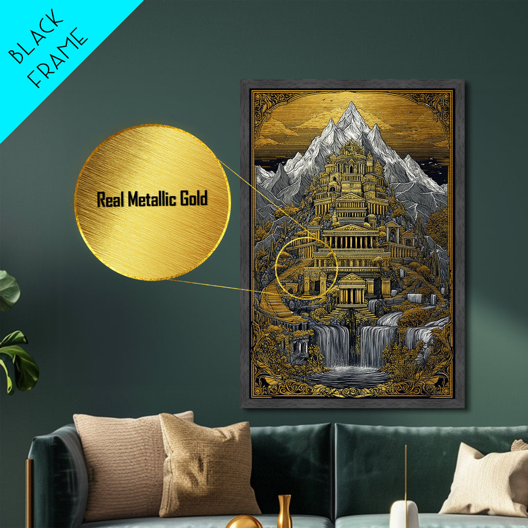Mythical Mountain Palace With Waterfalls, Metallic Gold Metal Print, Fantasy Landscape Art, Real Wood Framed Wall Decor