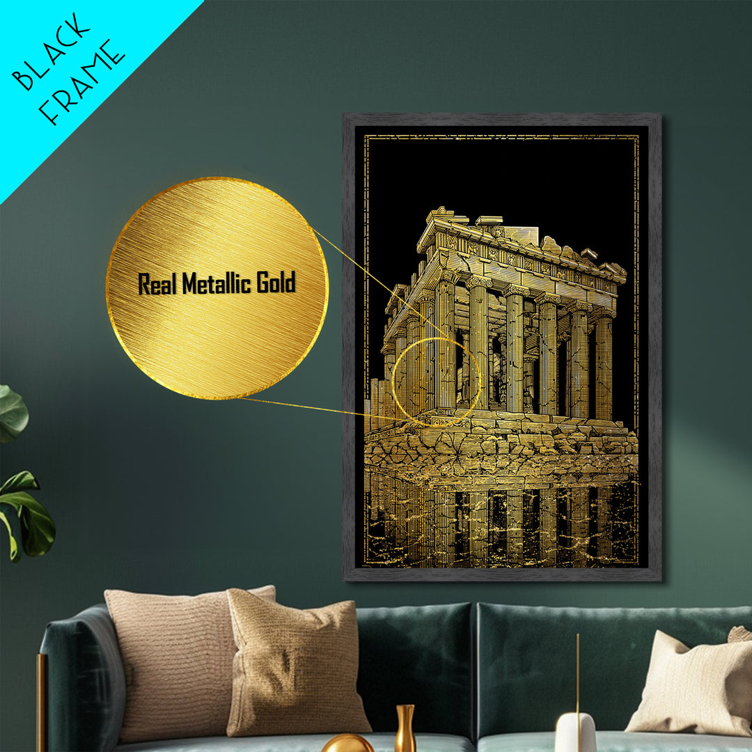 Ancient Ruins On Water Reflection, Metallic Gold Metal Print, Classical Greek Architecture Wall Art, Real Wood Framed Art