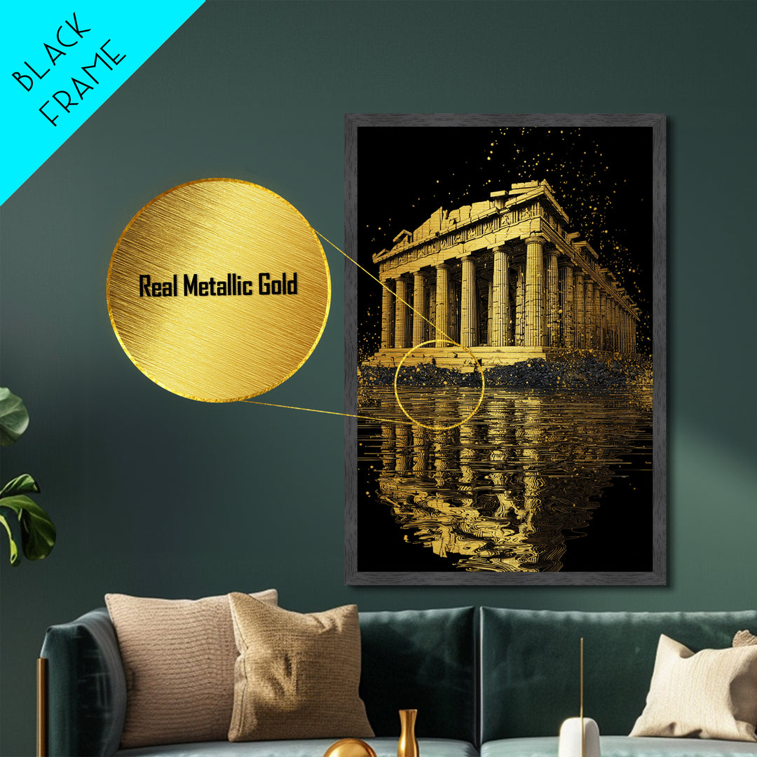 Parthenon Temple Reflection Shimmer, Metallic Gold Metal Print, Ancient Greek Architecture Artwork, Real Wood Framed Decor