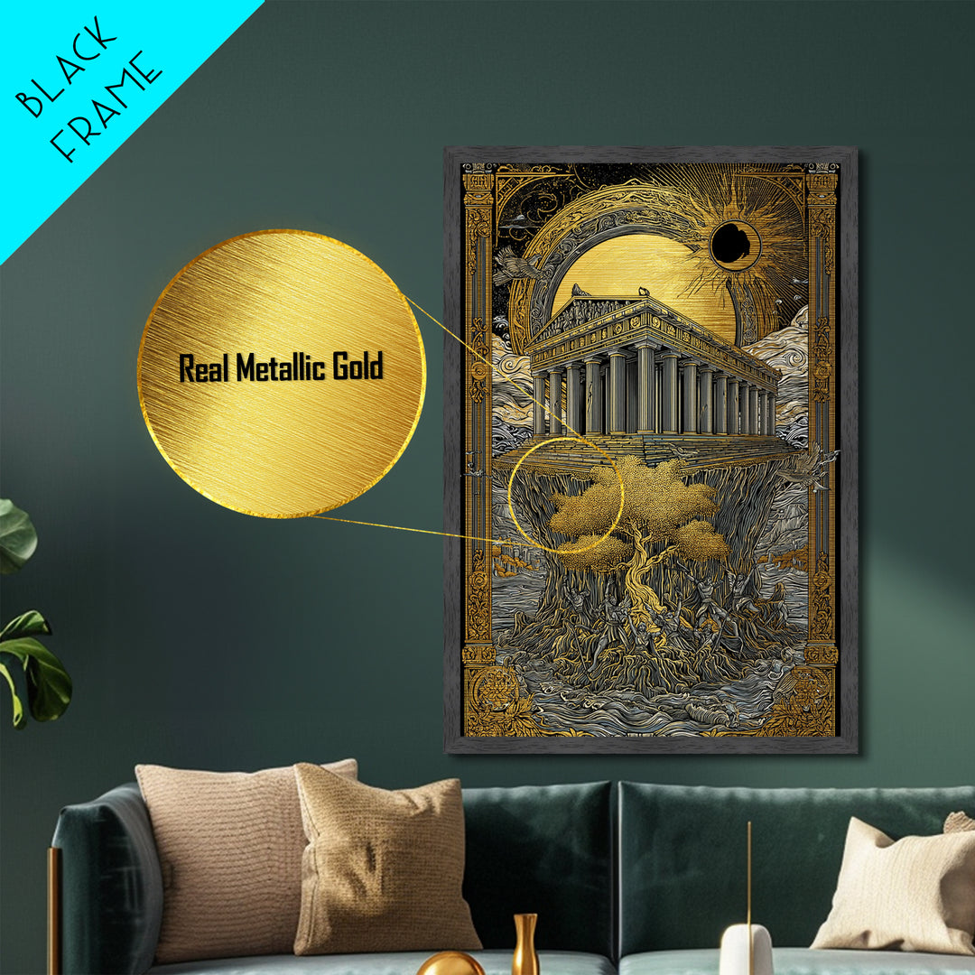 Temple Under Eclipse Sun And Stars, Metallic Gold Metal Print, Mythical Fantasy Architecture Wall Art, Real Wood Framed Art