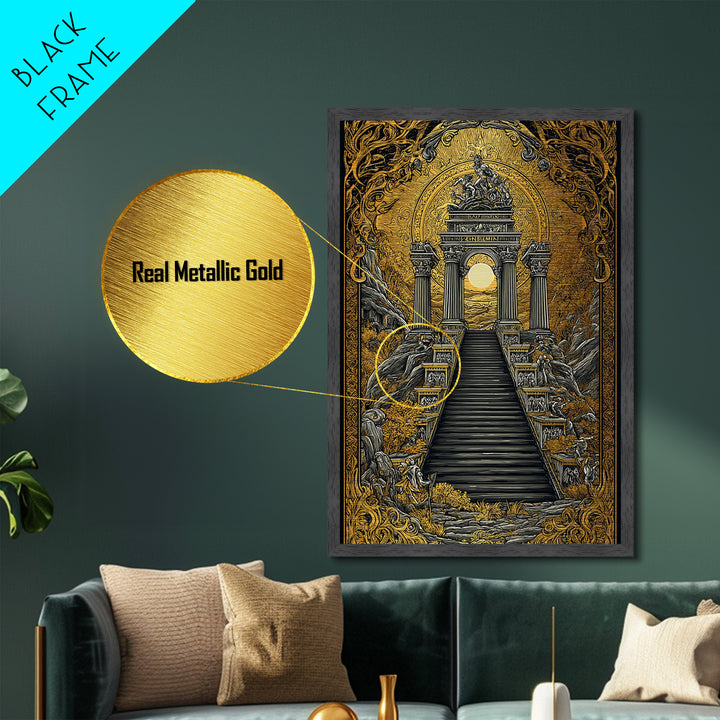 Grand Temple Archway And Stairs, Metallic Gold Metal Print, Mythical Ancient Architecture Artwork, Real Wood Framed Decor