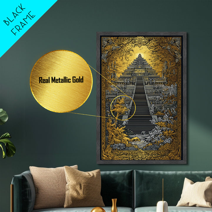 Mythical Ziggurat Sunlit Temple, Metallic Gold Metal Print, Ancient Fantasy Architecture Wall Art, Real Wood Framed Artwork
