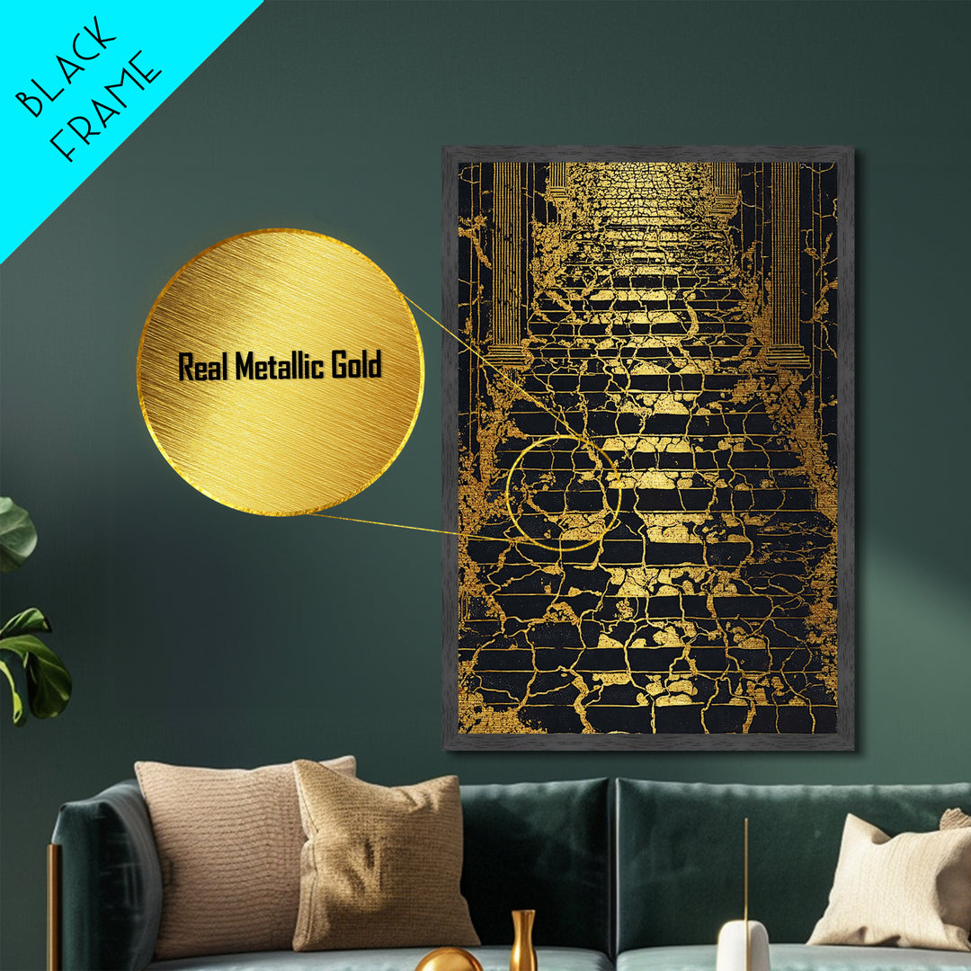 Cracked Marble Golden Stairway, Metallic Gold Art, Mythical Abstract Architecture Artwork, Real Wood Framed Wall Decor