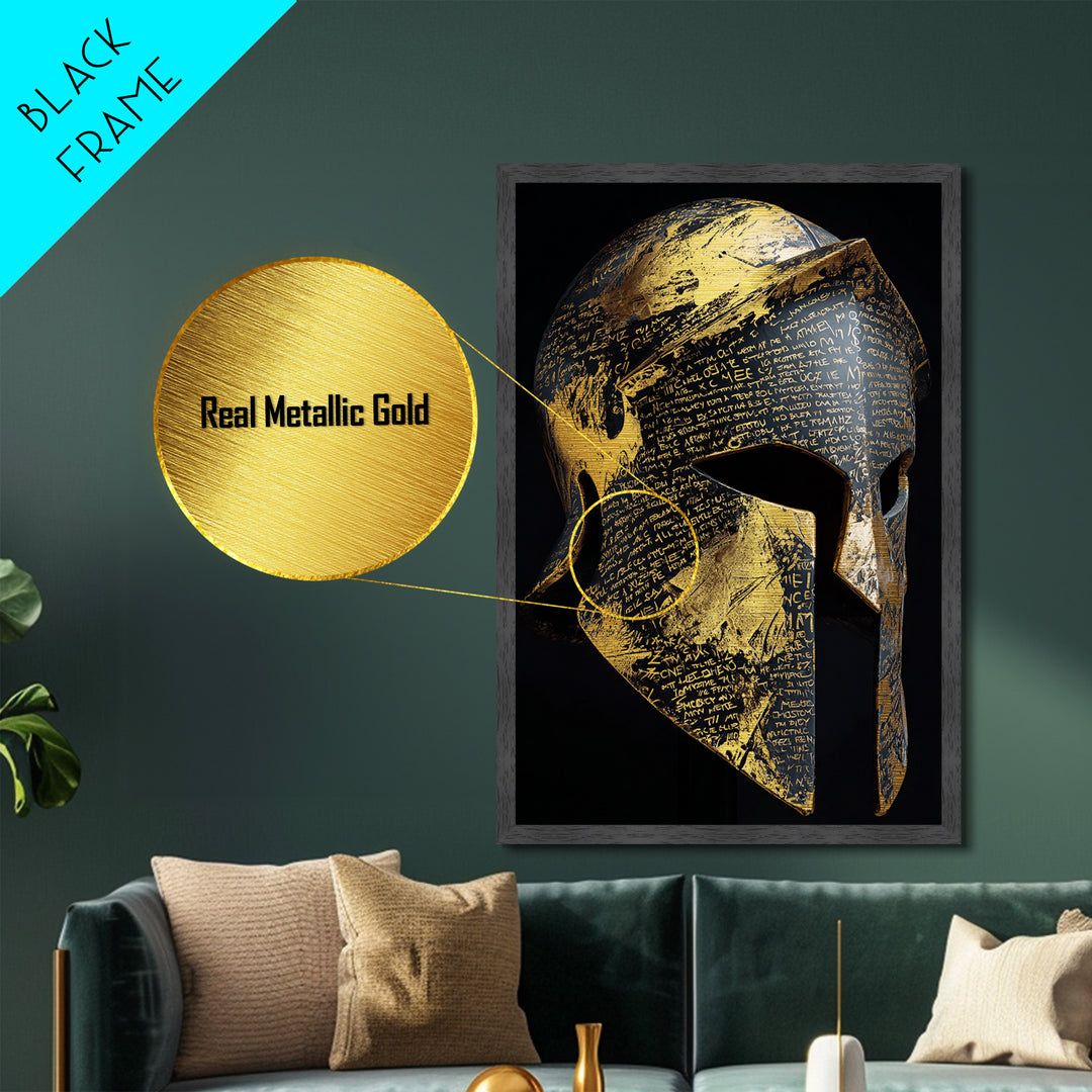 Heavily Ornamented Greek Helmet with Laurel Motif – Metallic Gold Art, Premium Framed Metal Art with Real Wood, Heroic Wall Display