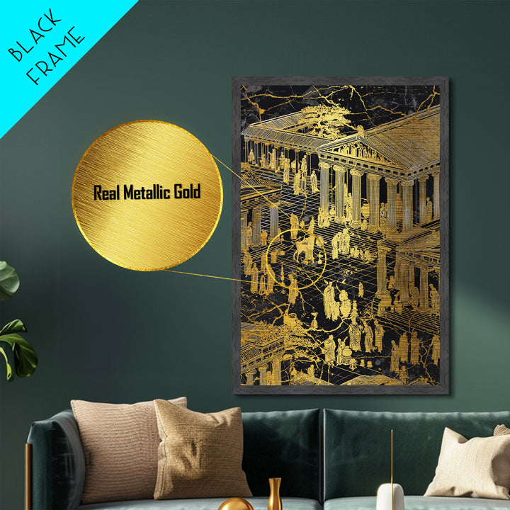 Ancient Marketplace With Temples, Metallic Gold Metal Print, Classical Greek Architecture Wall Art, Real Wood Framed Decor